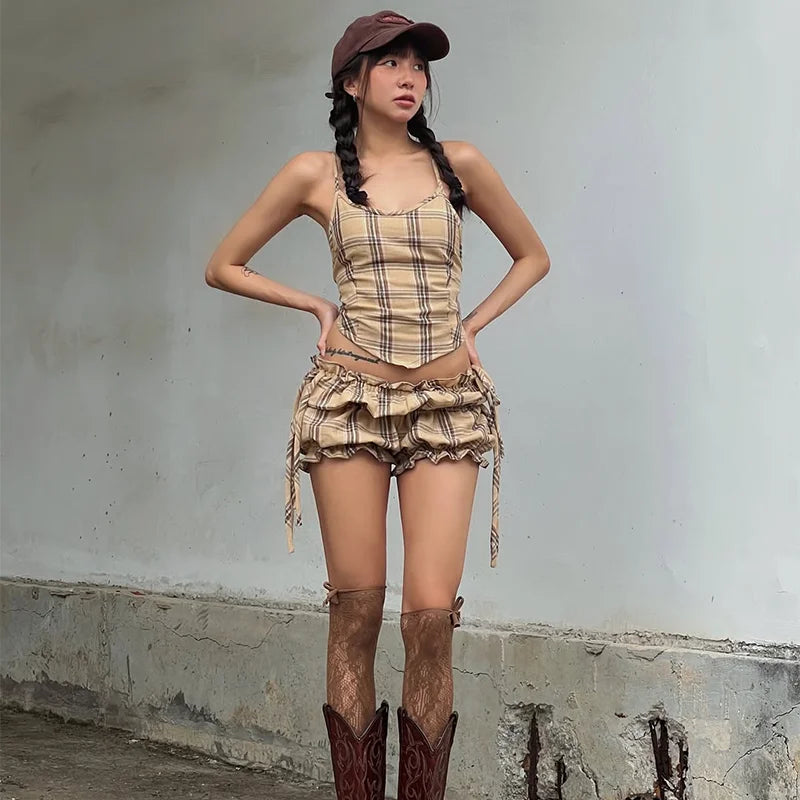 Khaki Plaid Backless Sleeveless Top And Ruffle Shorts Two Piece Set