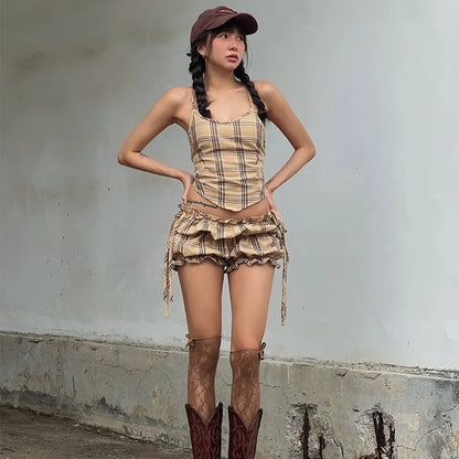 Khaki Plaid Backless Sleeveless Top And Ruffle Shorts Two Piece Set