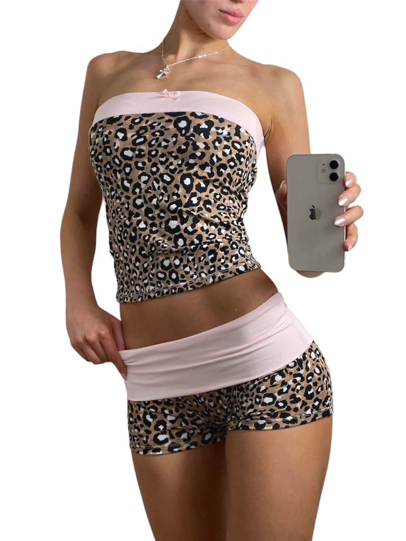 Leopard Patchwork Slim Two Piece of Set Tube Top and Low Wait Short Suit