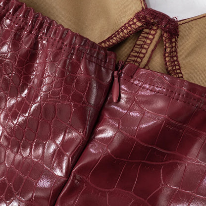 Crocodile Leather Mini Dress - V-Neck Sheath Dress