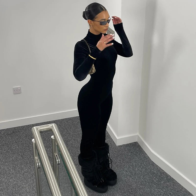 Velvet Long Sleeve O-Neck Bodycon Zipper Jumpsuit