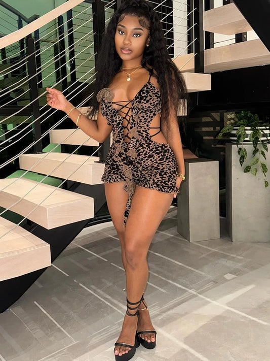 Romper Flocking Leopard Print Backless v-Neck Tassel Coquette Thin Workout Playsuits