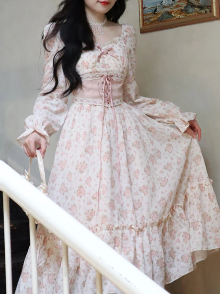 Spring Pink Floral Dress Bandage Lace Print Dress Puff Sleeve Kawaii Dress Princess Fairy
