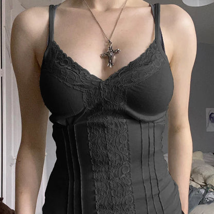 Fairycore V-Neck Lace Camisole with Spaghetti Straps Black