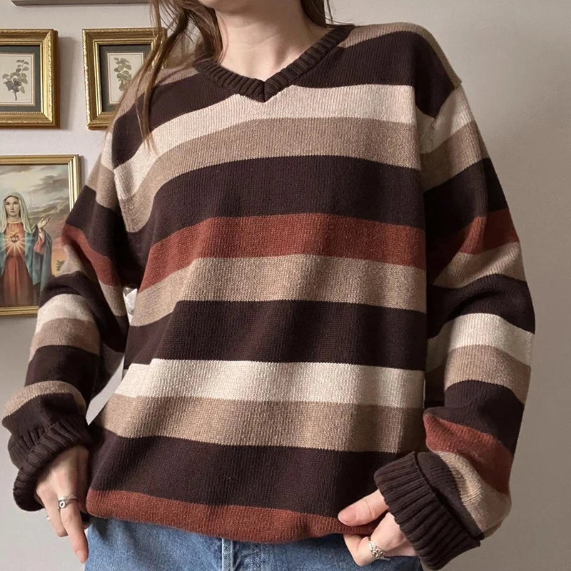 Retro V-neck Striped Sweaters Loose Pullovers Top