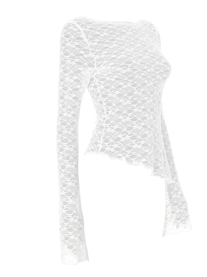 Lace Long Sleeve Knitted Perspective Tee for Women