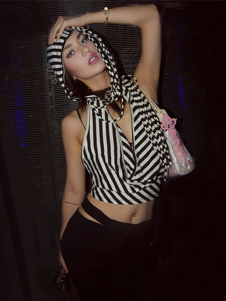 Black And White Stripes Hooded Backless Top