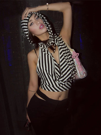 Black And White Stripes Hooded Backless Top