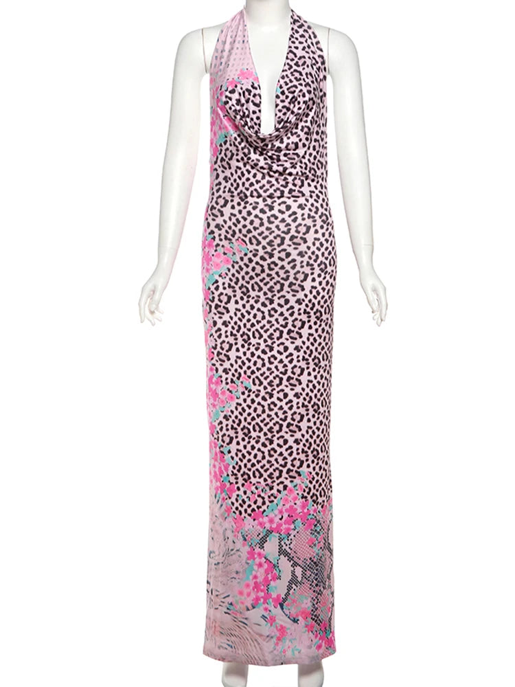 Leopard Dress Backless Lace-Up Halter Patchwork Swing Collar Sleeveless