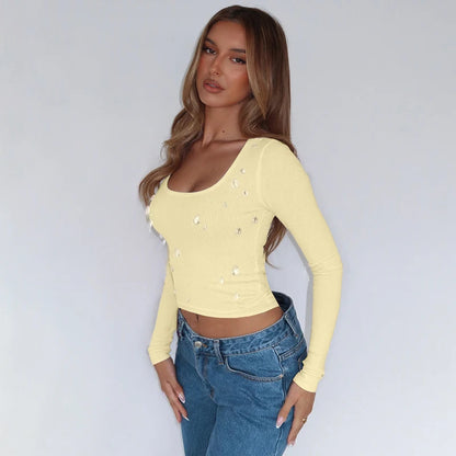 Knit Square Collar Long Sleeve Slim Water Droplets Diamond Top