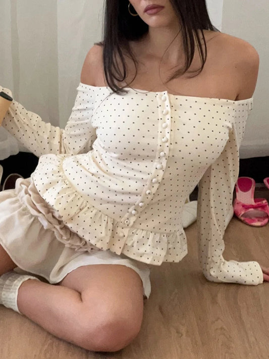 White Polka Dot Off Shoulder Long Sleeve Top