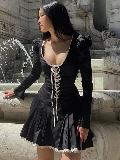 Lace-Up Puff Sleeve Pleated Mini Dress - Evening Wear 2023