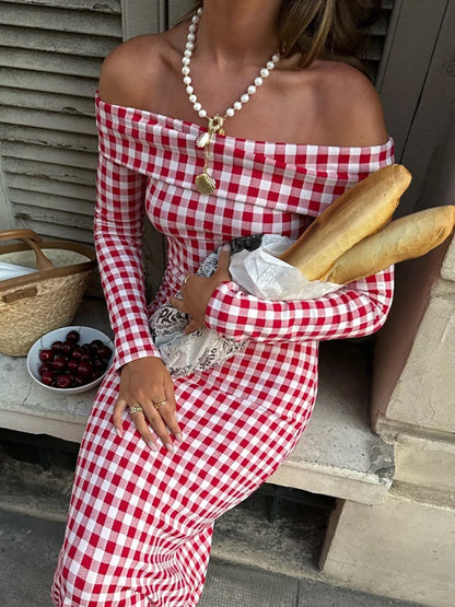 Red Plaid Off Shoulder Maxi Dress Red
