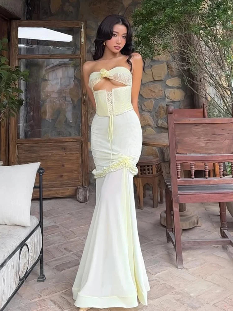 Patchwork Mesh Maxi Dress Shirring Fishtail Ruffles Hollow Bandage Banquet