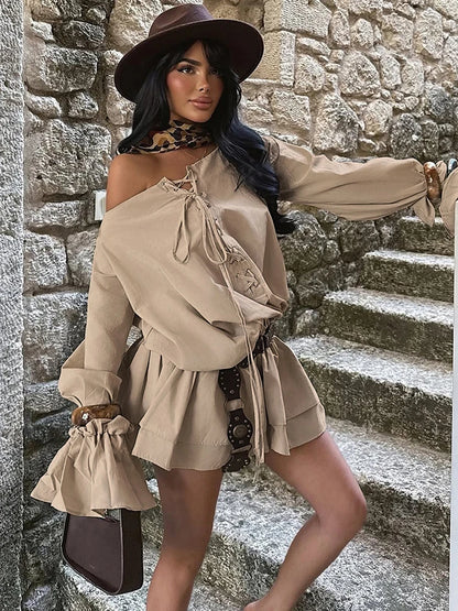 Khaki Lantern Sleeve Mini Dress