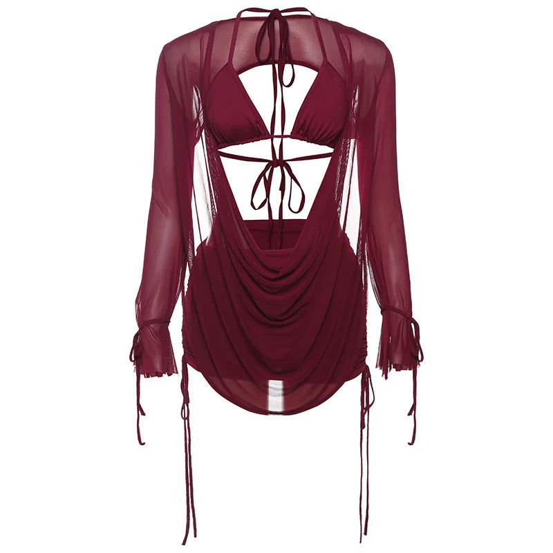 Shirring 3 Piece Set See Through Irregular Top Solid Halter Bra Ruched Skirt Suit