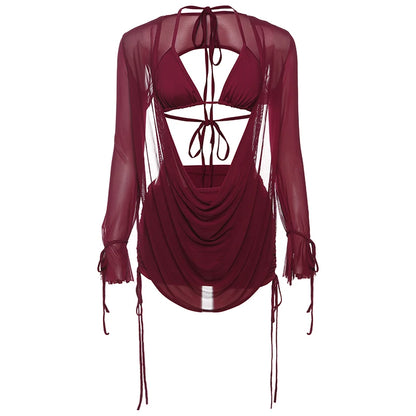 Shirring 3 Piece Set: See Through Halter Bra & Ruched Skirt Claret