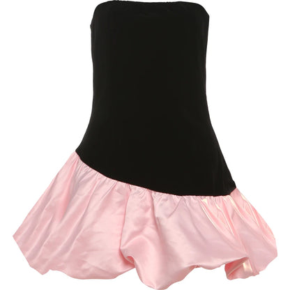 Irregular Velvet Patchwork Strapless Mini Dress Pink
