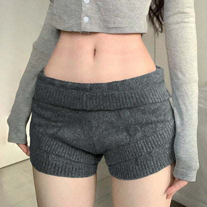Gray Slim Knit Mini Shorts