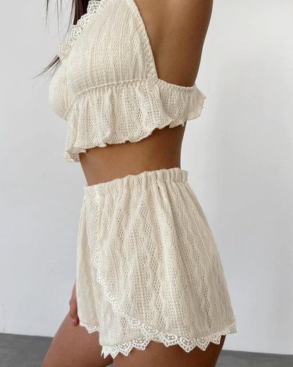 Lace Patchwork Pajama Set - Spaghetti Strap Top & Shorts