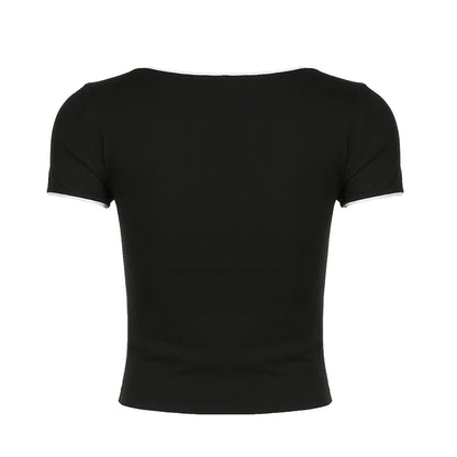 Crewneck Bow Patchwork Ruched Tee Shirt