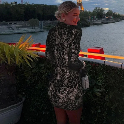 Hollow Out Long Sleeve Cocktail Dress with Stand Collar