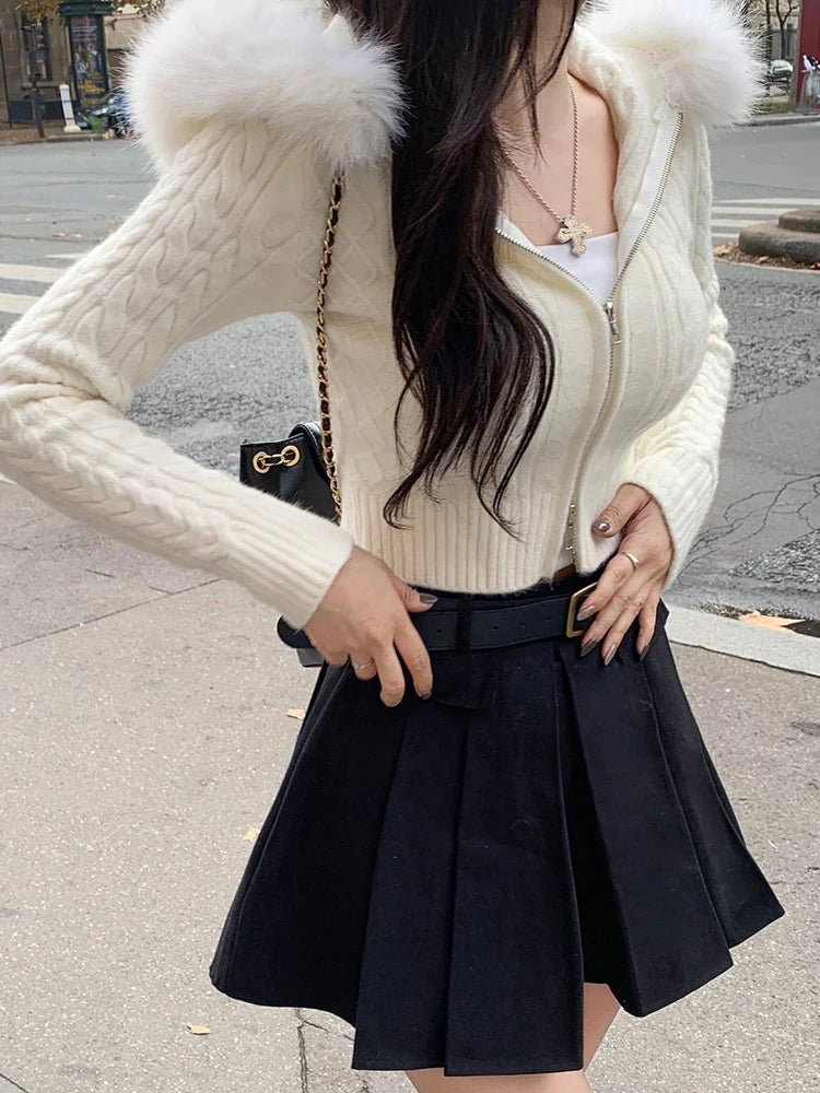 Zip Up Hoodie Coat with Fur Neck