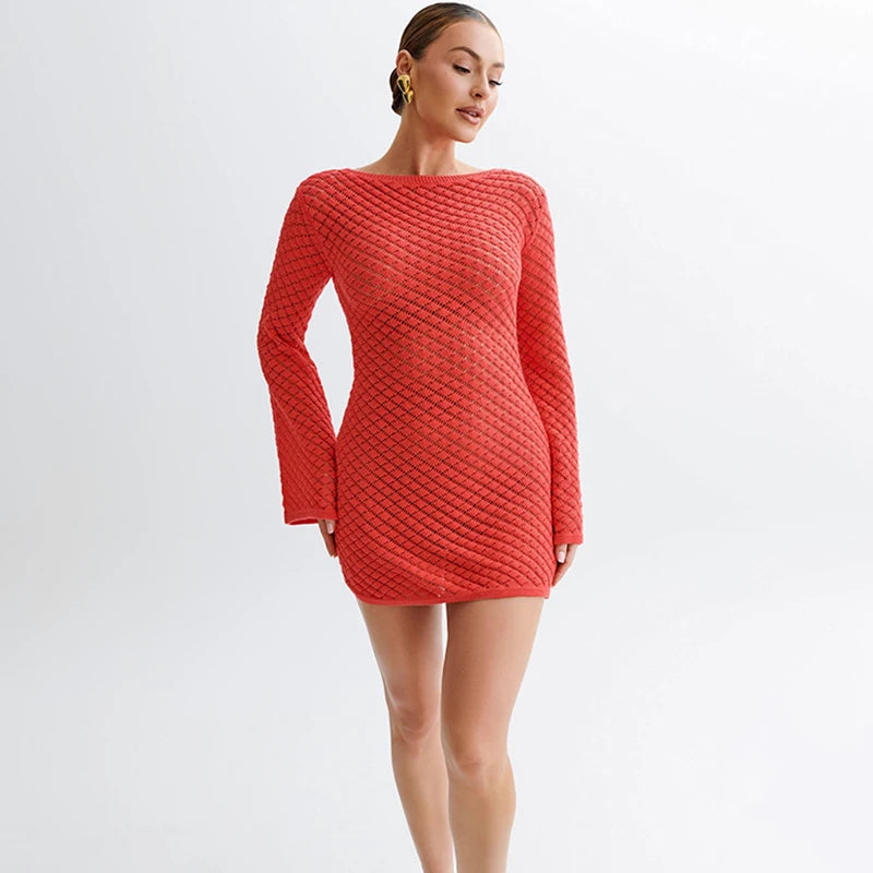 Hollow Knitt Dress Bikini Swimsuit Cover-up Sun Long Sleeve Cover Up Dress