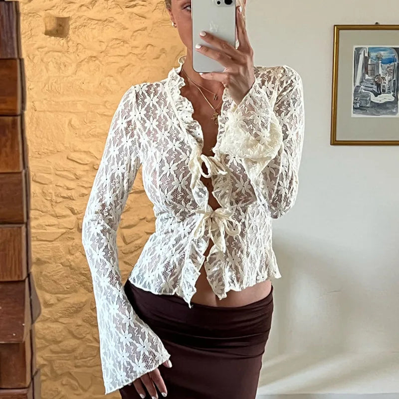 Sheer Lace Floral Flare Sleeve Top