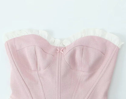 Sweet Patchwork Fish Bone Strapless Crop Top