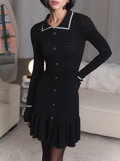Knitted Turn-Down Collar Button Mini Dress Black