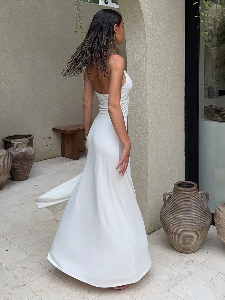 Deep V Neck Halter Long Dress Ruch Ribbon Splice Dress Sleeveless