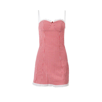 Plaid Lace Mini Backless Slim Dress