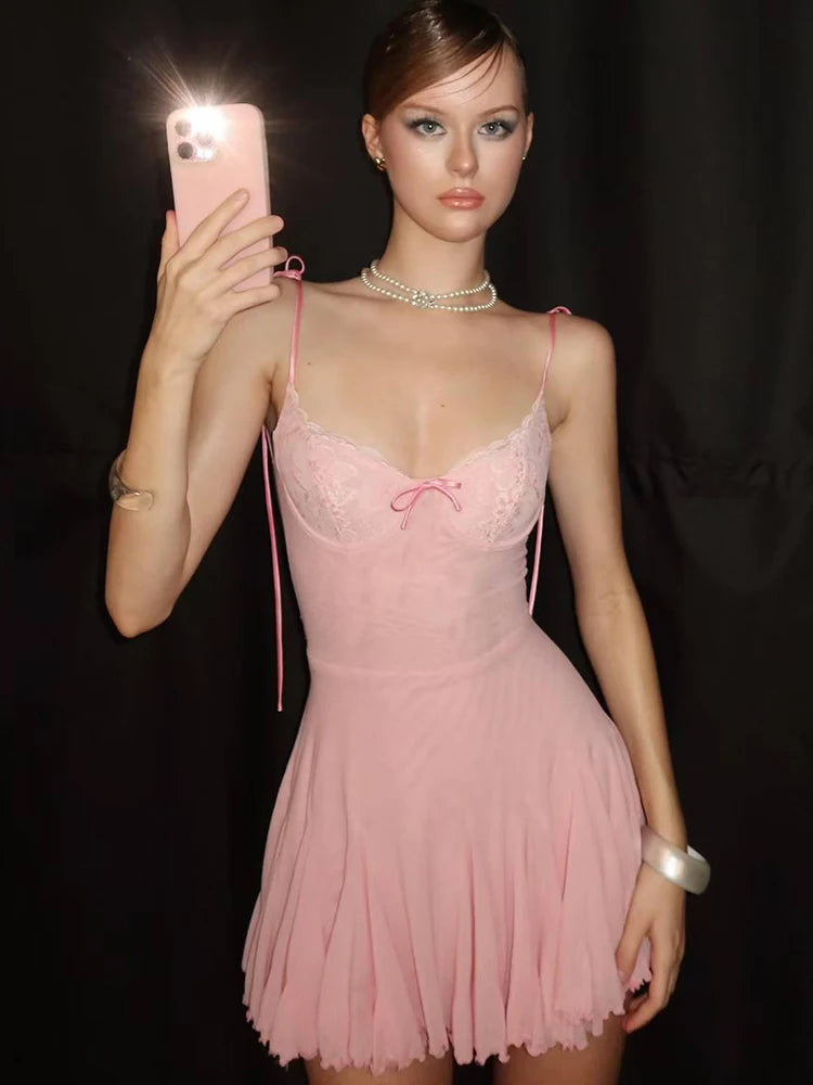 Lace Patchwork Dress Backless Bow Lace-Up Sleeveless Thinny Pleat Solid Mini Bodycon