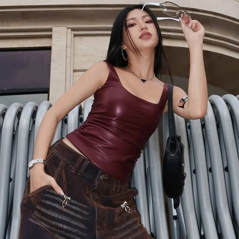 Wine R PU Leather Vest T-shirt Top Square Collar Top Sleeveless Zipper Tank Y2K