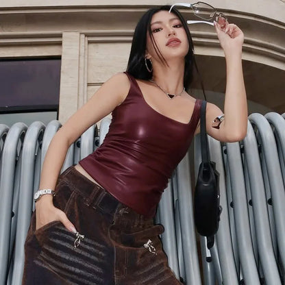 Wine R PU Leather Square Collar Vest Top