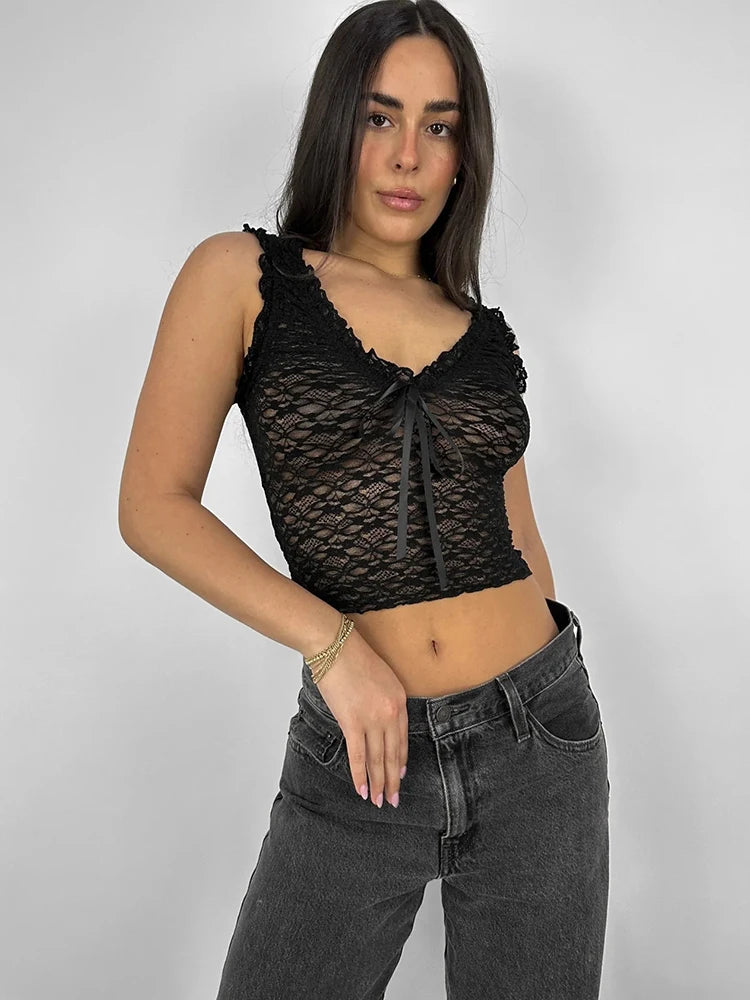 See Through Lace V-Neck Top