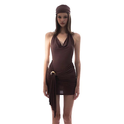 Brown Backless Pleated Slim Mini Dress