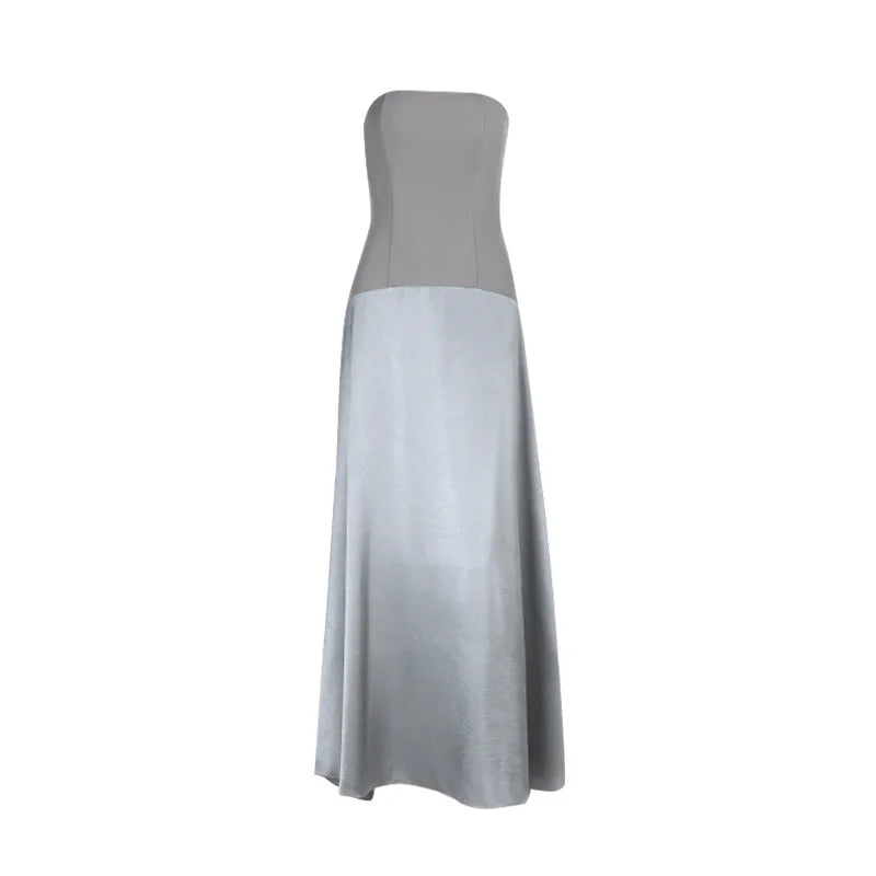 Gray Satin Strapless Backless Maxi Flowy Dress