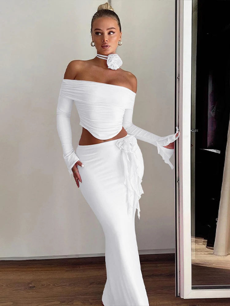 3D Flower Off Shoulder Crop Top Maxi Skirt Set