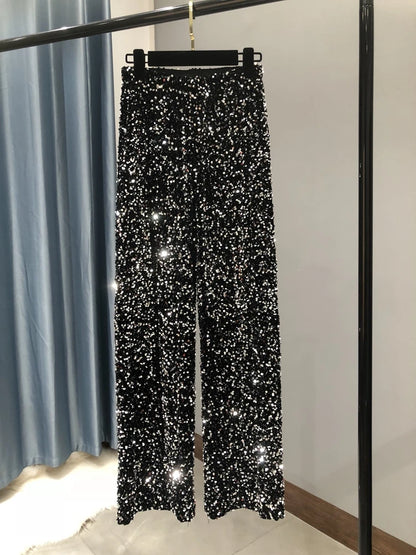 Trendy Sparkling Gold High-Waist Wide-Leg Pants Black silver
