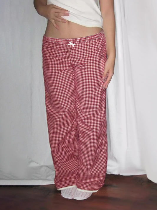 Plaid Straight Pant Lace Patchwork Bow Baggy Trouer Jogger Bottom