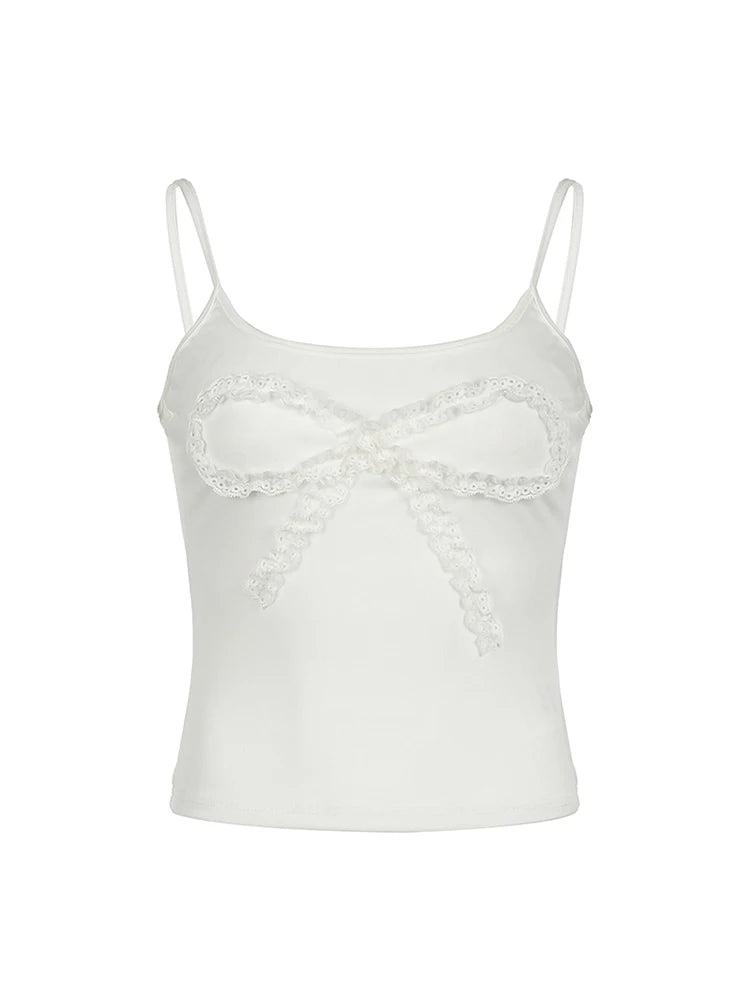 Lace Bow Patches White Basic Cute Camisole Sleeveless Slim Crop Top Tank Vest