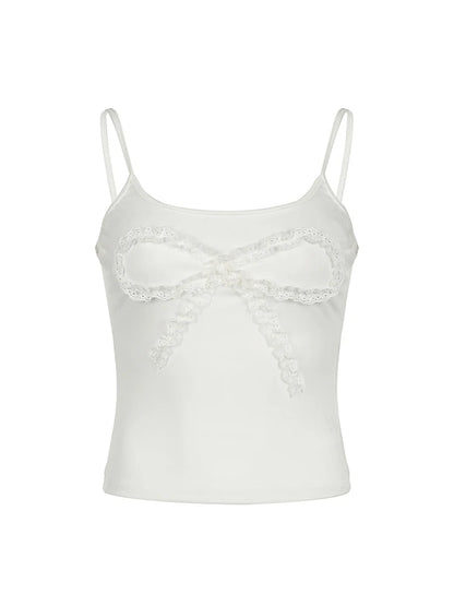 Lace Bow White Camisole - Cute Sleeveless Slim Crop Top White