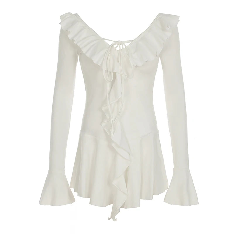 Ruffles Patchwork s Dress Lace-up Long Sleeves Corset 's Pullover