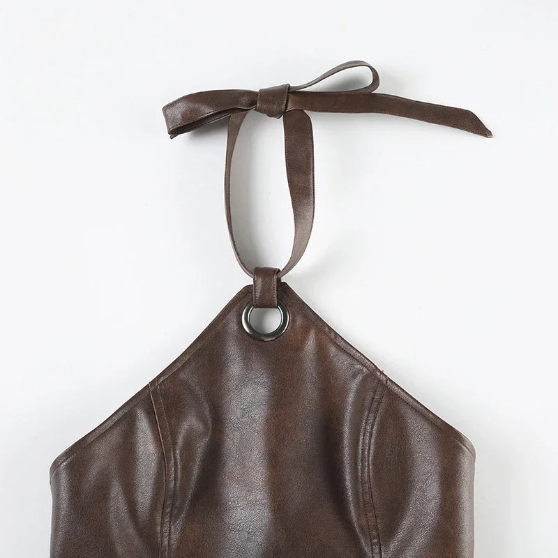 Leather Backless Halter Top