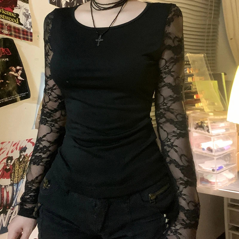 Crewneck Tee Shirts Lace Patchwork Slim Black Top