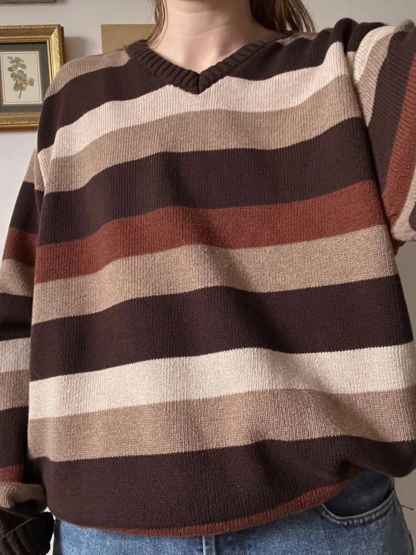 Retro V-neck Striped Sweaters Loose Pullovers Top