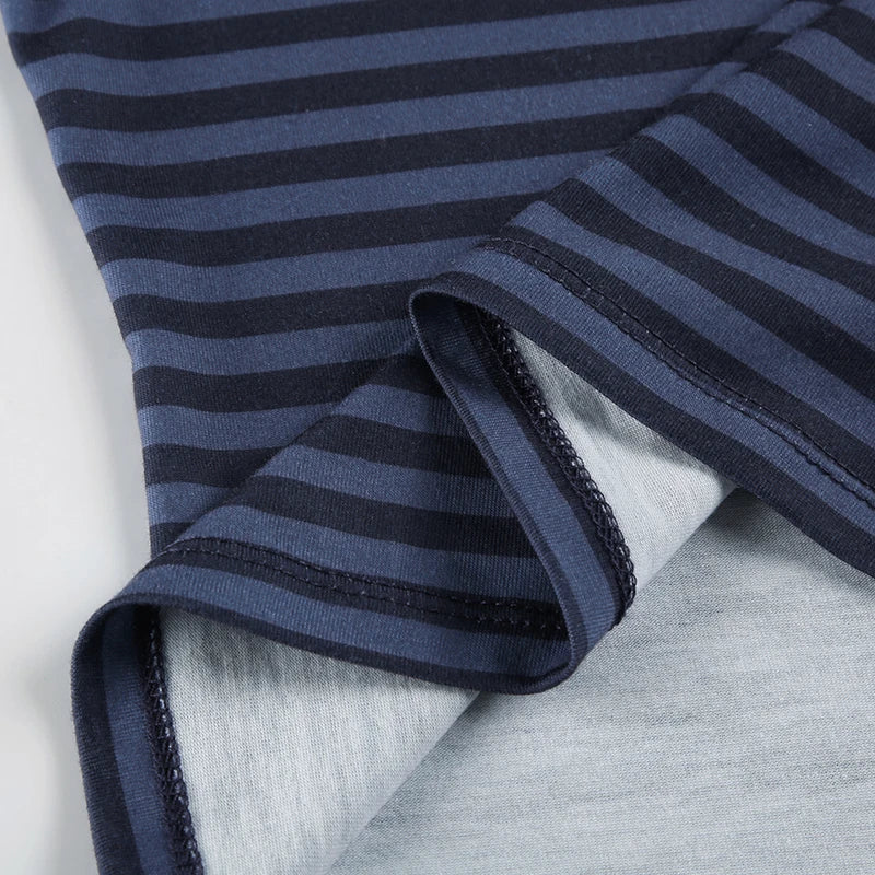 Strip Tee Shirt Button Up Slim Crewneck Top