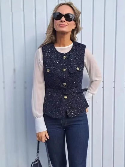 Sequin Twe Vest Coat with Belt - O Neck Sleeveless Jacket